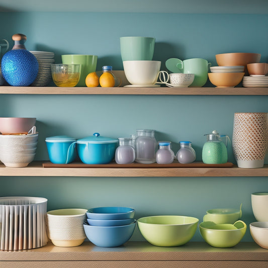 A neatly organized kitchen cabinet featuring adjustable shelf inserts holding various dinnerware: colorful plates, elegant glassware, and stacked bowls, all arranged in a harmonious layout with soft, ambient lighting highlighting their textures.