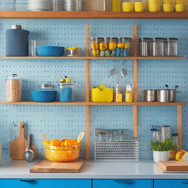 A bright, modern kitchen with organized storage solutions, featuring a pegboard with hanging utensils, a pull-out spice rack, and a utensil organizer attached to the side of a cabinet.