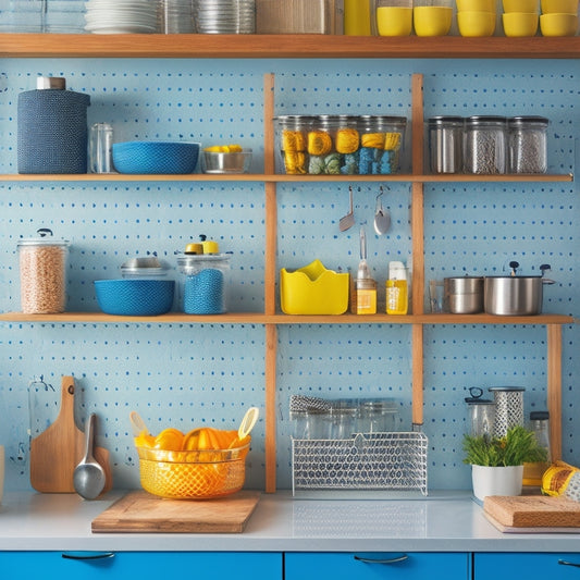 A bright, modern kitchen with organized storage solutions, featuring a pegboard with hanging utensils, a pull-out spice rack, and a utensil organizer attached to the side of a cabinet.