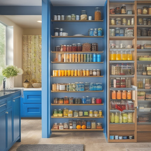 A sleek, modern kitchen featuring a sliding pantry with tiered racks. Organically arranged jars, spices, and canned goods in vibrant colors, showcasing accessibility and organization, with soft lighting highlighting the textures and materials.