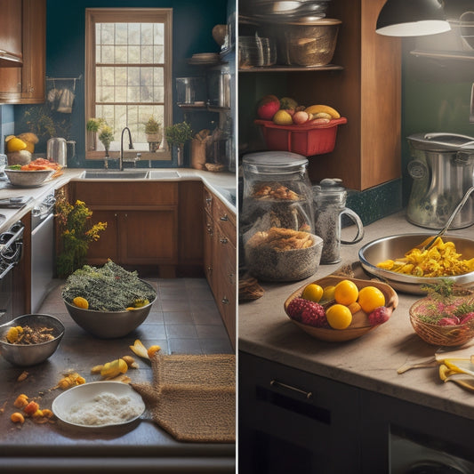 A split-screen image featuring a cluttered, dirty kitchen counter with expired food and a sink full of dirty dishes on one side, and a clean, organized kitchen with fresh produce and a sparkling sink on the other.