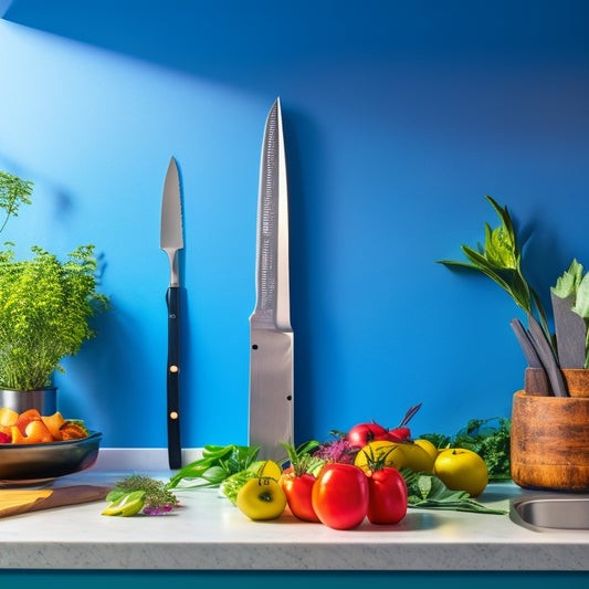 A sleek stainless steel magnetic knife strip mounted on a modern kitchen wall, showcasing an array of colorful kitchen knives, herbs in pots, and a stylish cutting board nearby, illuminated by warm, natural light.