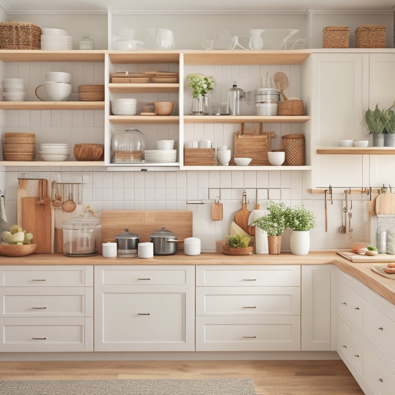 A bright, organized kitchen with a mix of open shelves, soft-close drawers, and cabinets in a calming white and wood tone color scheme, showcasing various storage solutions and accessories.