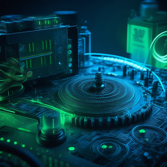 A darkened background with a faint Xbox 360 console silhouette, surrounded by swirling circuits, wires, and gears in shades of blue and green, hinting at digital freedom.