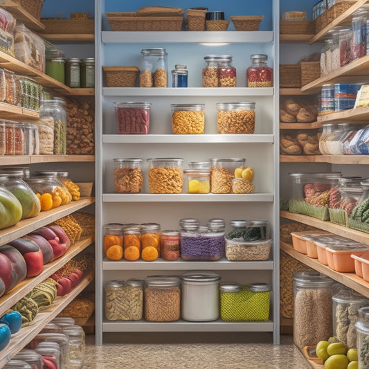 An illustration of a well-organized pantry with labeled jars, airtight containers, and shelving, showcasing a variety of stored foods, including fruits, vegetables, grains, and canned goods.