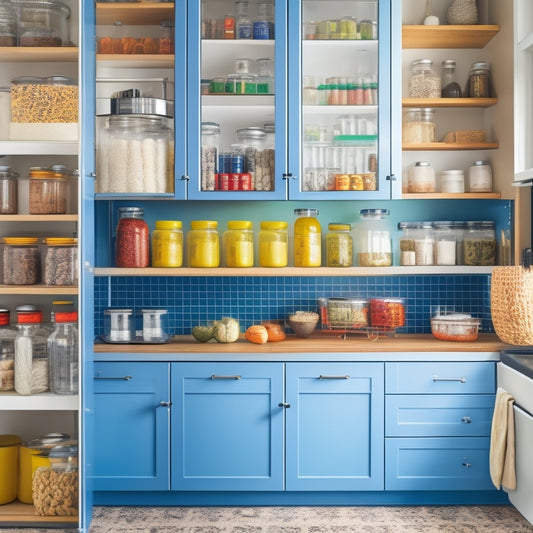 A cozy small kitchen with sleek, modern cabinet organizers: pull-out spice racks, tiered shelving for pots, a lazy Susan for jars, and labeled bins, all highlighting efficient storage and vibrant colors of organized ingredients.