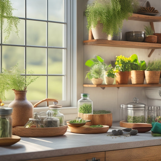 A vibrant kitchen scene showcasing eco-friendly materials with adjustable shelf inserts. Include wooden shelves filled with organic spices, glass jars, and potted herbs, surrounded by soft natural light filtering through a window.