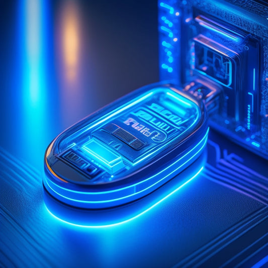 A futuristic, high-tech background with glowing circuitry and neon lights, featuring a 3D model of a sleek, metallic PNY USB drive with pulsing blue light emanating from within.