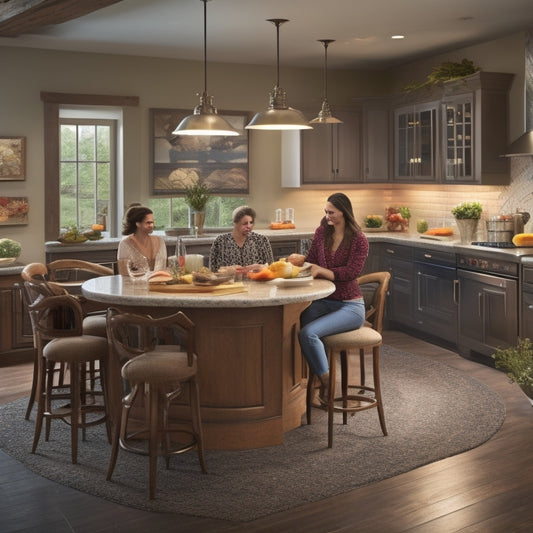 A warm, well-lit kitchen with a large island at its center, surrounded by a curved countertop, three stools, and a cook preparing a meal while chatting with a guest sitting at the island.