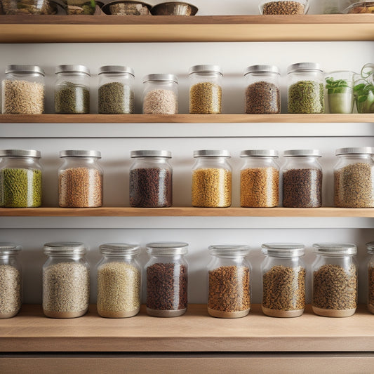 A neatly arranged kitchen cabinet showcasing stackable, clear containers filled with colorful grains, spices, and snacks, surrounded by fresh herbs and utensils, all set against a warm wooden backdrop.