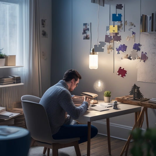 A person sitting in a modern, minimalist room surrounded by scattered puzzle pieces, with a few connected to form a lightbulb, symbolizing unlocking insights, amidst a subtle background of books and graphs.