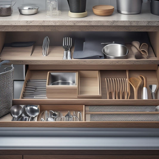 A tidy kitchen countertop with a wooden utensil organizer, a stainless steel utensil holder, and a few neatly arranged drawers with dividers, showcasing various kitchen utensils and gadgets.