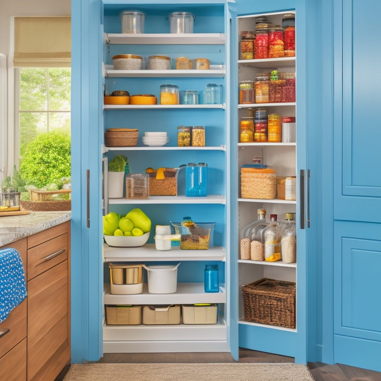 A bright, modern kitchen with a sleek pantry featuring adjustable shelves, baskets, and labels, showcasing a perfectly organized storage system with visible storage containers and a utensil organizer on the back of the door.