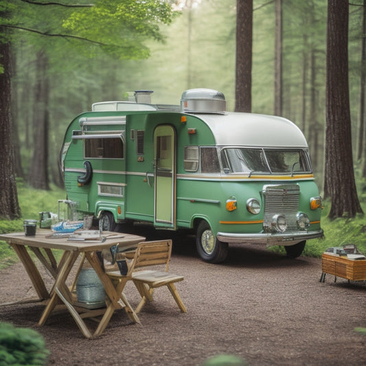 A retro-style Trillium RV, circa 1970s, parked in a lush forest, with a toolbox and vintage mechanic's manual laid out on a nearby picnic table, surrounded by scattered wrenches and screwdrivers.