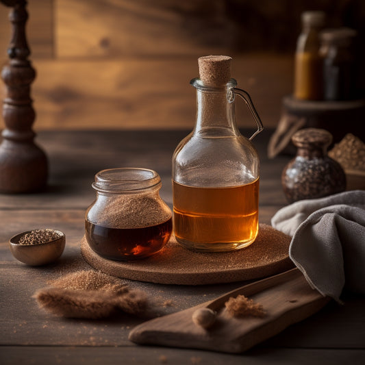 A warm, golden-lit still life featuring a vintage-style glass bottle with a worn wooden cap, surrounded by scattered vanilla beans, a small wooden spoon, and a few sprinkles of brown sugar on a rustic wooden table.