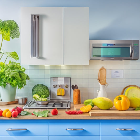 A bright, modern kitchen with stainless steel appliances, a thermometer on the counter, a calendar on the wall, and a clipboard with a checklist, surrounded by fresh fruits and vegetables.