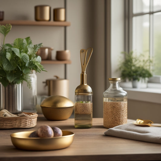 A beautifully styled kitchen counter with a few golden utensils, a small potted plant, and a single elegant glass jar canister with a wooden lid, standing out amidst a subtle background of warm beige tones.