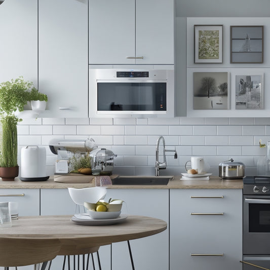 A bright, modern kitchen with sleek countertops and minimalist cabinetry, featuring a large tablet displaying a 3D kitchen design, surrounded by scattered design elements and a few coffee cups.