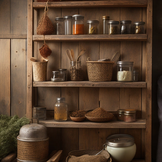 A rustic wooden ladder leaning against a kitchen wall, adorned with small glass jars and metal tins, each containing a different spice, with a few loose utensils and recipe cards scattered around.