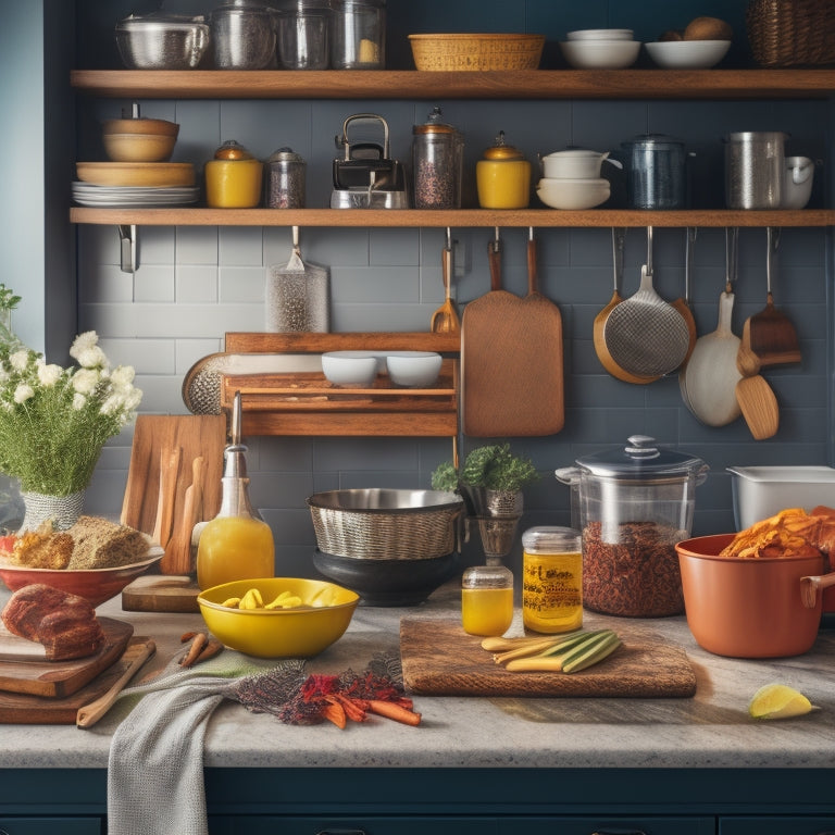 A cluttered kitchen countertop with heavy cookbooks, appliances, and utensils scattered about, contrasted with a tidy section featuring a tiered utensil organizer, a spice rack, and a sturdy appliance lift.