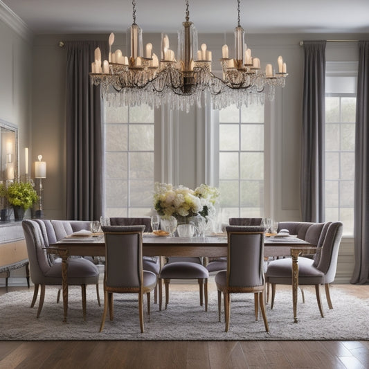 A stylish, modern dining room with a large, dark wood table, surrounded by eight, high-backed, cream-colored chairs, and a stunning, crystal chandelier hanging above.