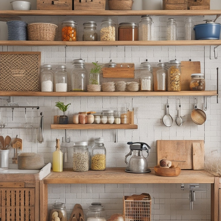 A tidy kitchen with a mix of open shelving and cabinets, featuring a pegboard with hanging utensils, a magnetic spice strip, and a repurposed mason jar filled with kitchen essentials.