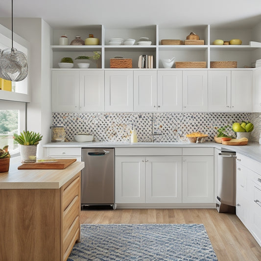 A bright, modern kitchen with sleek white cabinets, warm wooden countertops, and a floor-to-ceiling pantry door adorned with colorful, geometric-shaped labels in various sizes and shapes.