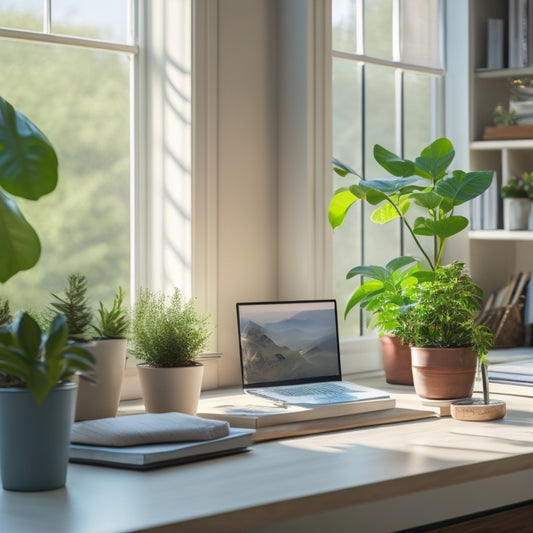 A serene, clutter-free home office with a tidy desk, a few carefully placed plants, and a minimalist shelf in the background, illuminated by soft, natural light filtering through a nearby window.