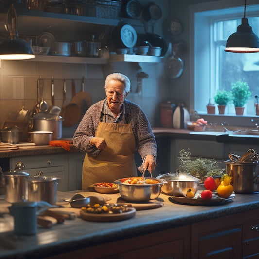 An elderly person standing in a well-lit, organized kitchen, surrounded by adaptive utensils and tools, with a warm, inviting atmosphere, and a subtle hint of a cooked meal in the background.