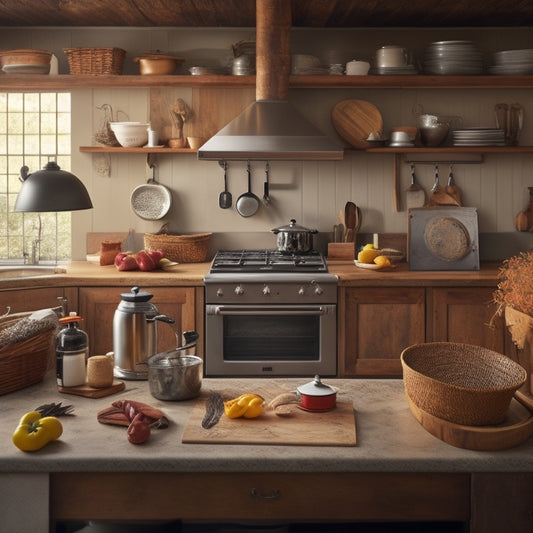A tidy kitchen with a large, wooden island in the center, surrounded by utensils and appliances, featuring a clipboard with a partially filled-out inventory checklist on a rustic wooden countertop.