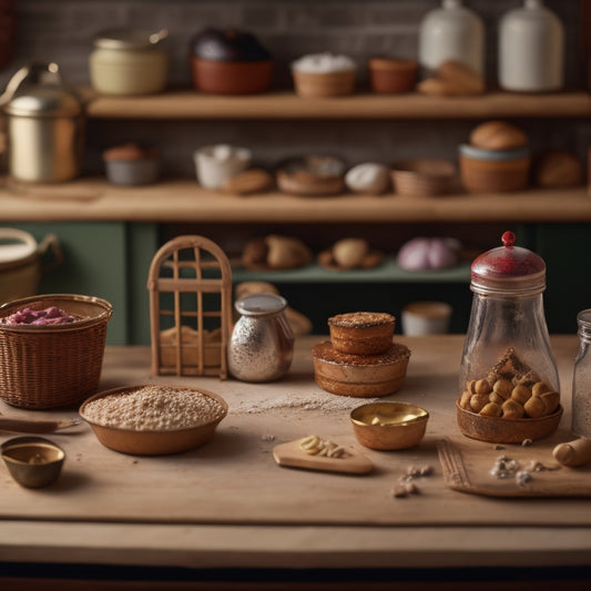 A whimsical miniature bakery scene featuring a tiny mixing bowl, utensils, and ingredients on a wooden table, surrounded by intricately designed miniature baking tins and a diminutive oven in the background.