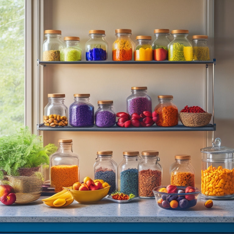 A beautifully styled kitchen featuring a tiered rack with multiple levels, showcasing colorful spices, vibrant fruits, and elegant glass jars, all arranged on a glossy countertop with a backdrop of soft, natural light.