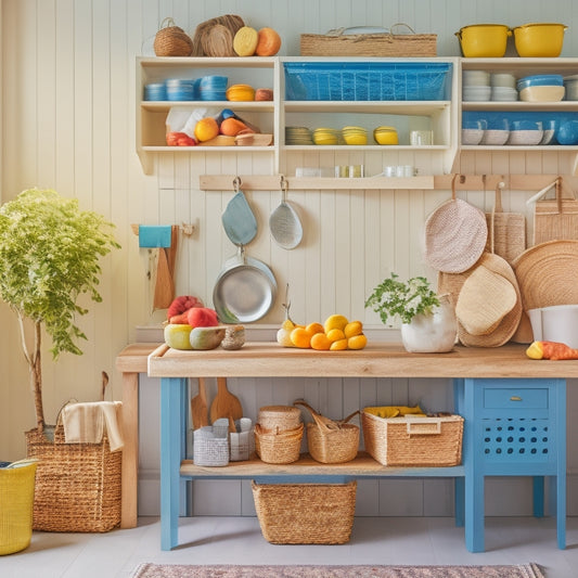 A bright and modern kitchen with a built-in storage bench, featuring hidden compartments, wooden crates, and woven baskets, surrounded by utensils, cookbooks, and a few fresh fruits.