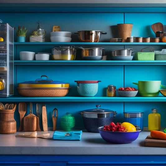 A well-arranged deep kitchen cabinet featuring sleek drawer organizers, holding utensils, pots, and cooking tools, with vibrant colors and textures, illuminated by soft ambient lighting to highlight the organization and accessibility.