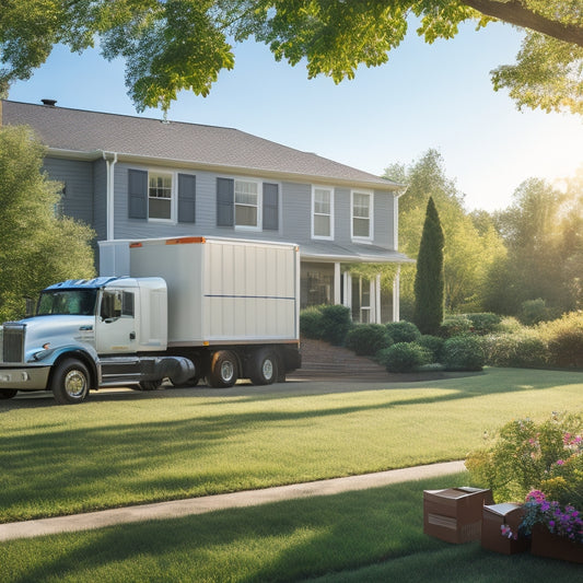 A serene, sunlit scene of a modern moving truck parked in front of a tidy suburban home, with a few boxes and furniture pieces neatly arranged on the lawn, surrounded by lush greenery.