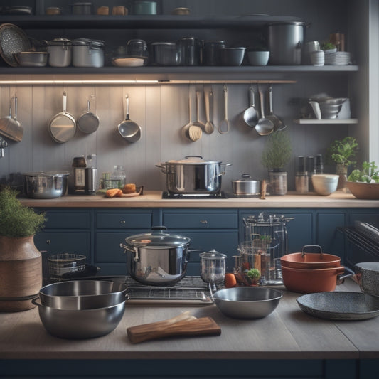 A cluttered kitchen scene with pots, pans, utensils, and appliances scattered around, contrasted with a sleek, modern kitchen cart with drawers, surrounded by organized cookware and utensils, with a subtle warm lighting.