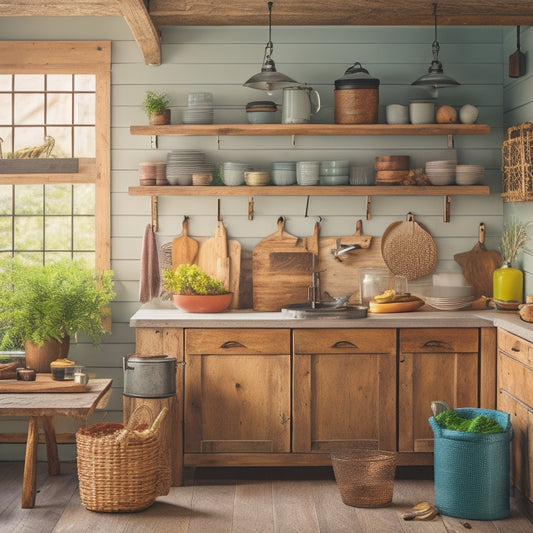 A warm, well-lit kitchen with a mix of repurposed and DIY storage solutions, including a distressed wooden crate turned island, mason jars on a rustic wooden shelf, and a pegboard with hanging utensils.