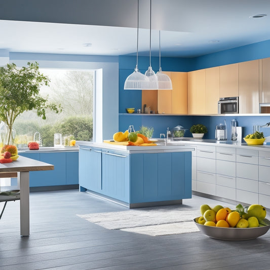A bright, modern kitchen with a prominent island, featuring a stainless steel countertop, a bowl of fresh fruits, and a set of sleek, high-tech kitchen appliances in a calming color scheme.