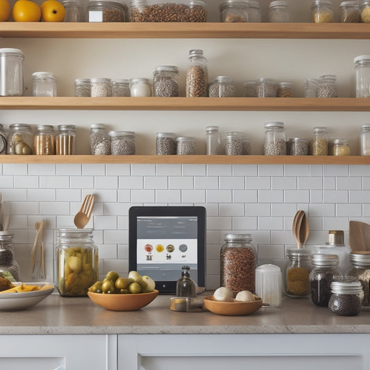 A modern kitchen with a tablet on the counter displaying a digital inventory management app, surrounded by organized jars, baskets, and a pegboard with utensils and spices.
