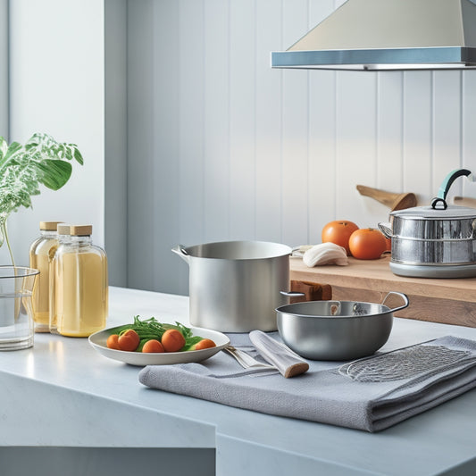 A serene kitchen scene featuring a sleek, white countertops, a few strategically placed cookbooks, and 10 minimalist kitchen essentials, including a stainless steel kettle, a wooden cutting board, and a few choice utensils.