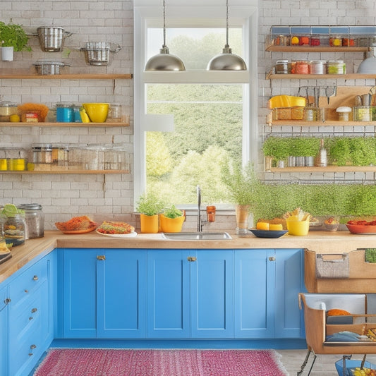A bright, organized kitchen featuring various over-the-door storage solutions: hanging spice racks, pots and pans organizers, and utensil hooks, surrounded by colorful ingredients and fresh herbs, creating a functional and inviting atmosphere.
