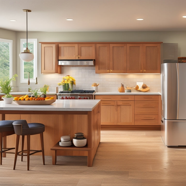 A bright, modern kitchen with sleek countertops, a large center island, and a mix of upper and lower cabinets in a warm, light wood tone, with cleverly integrated storage solutions.