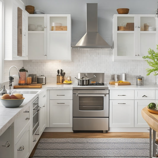 A bright, modern kitchen with sleek white cabinets, clutter-free countertops, and a stainless steel island featuring a built-in utensil organizer, pull-out spice rack, and a neatly arranged knife block.