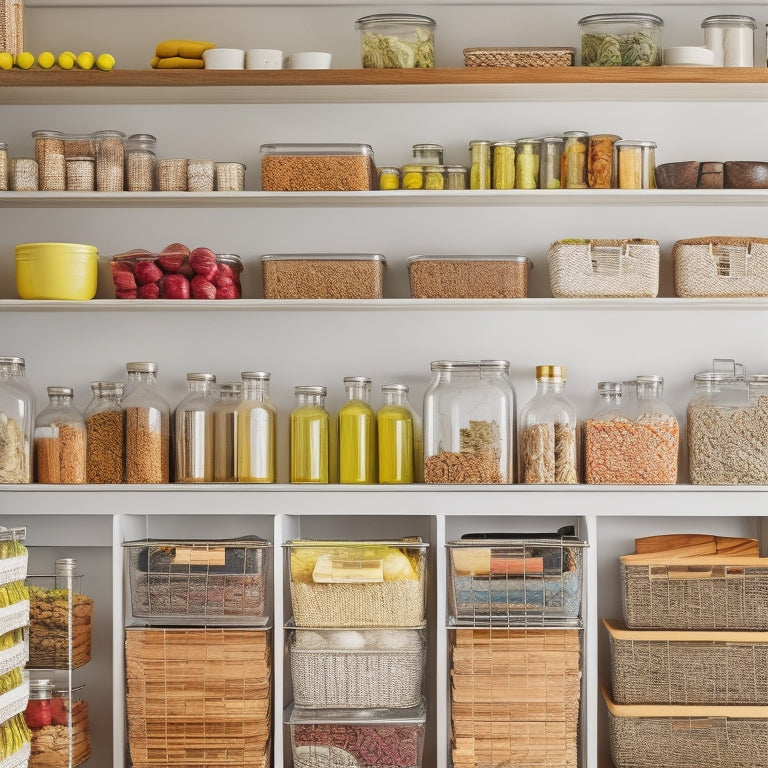 A bright, organized kitchen pantry featuring sleek tiered racks filled with colorful jars, spices, and canned goods. Soft natural light illuminates the space, highlighting the neat arrangement and accessibility of the stored items.