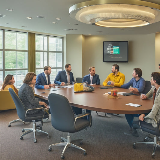 A bright and modern conference room with a large, circular table, surrounded by diverse customers engaged in lively discussions, gesturing with enthusiasm, and surrounded by Hutzler products on display.