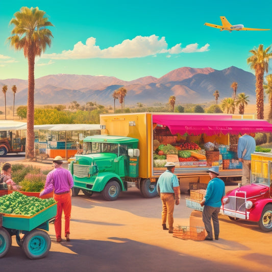 A vibrant illustration of a California landscape with a bustling farmers' market in the foreground, featuring diverse people unloading crates of fresh produce from trucks, as a surplus food truck drives away in the background.