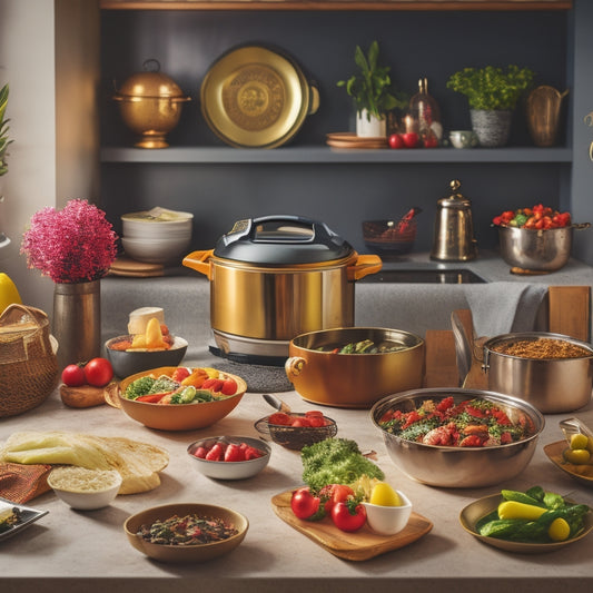 A warm, golden-lit kitchen with a shiny Instant Pot at its center, surrounded by a dozen colorful, steaming dishes, and a few fresh vegetables and utensils scattered around.