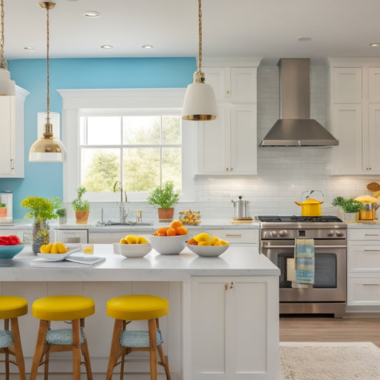 A bright, modern kitchen with a large island, pendant lights, and white cabinets, featuring a tablet on the counter displaying a downloadable decor guide, surrounded by colorful design elements and kitchen utensils.