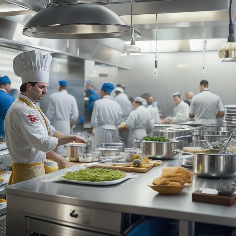 A bustling commercial kitchen with stainless steel counters, rows of utensils, and shelves stocked with ingredients; a chef in the background, surrounded by papers and clipboards, looking frazzled.