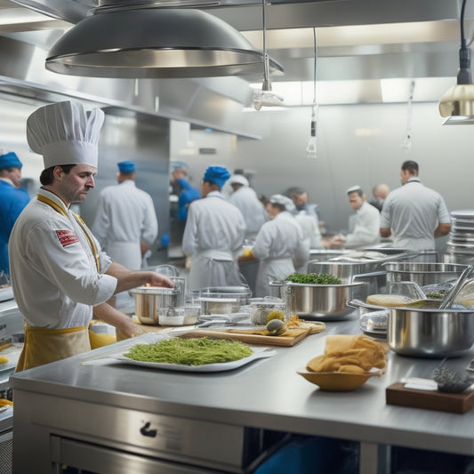 A bustling commercial kitchen with stainless steel counters, rows of utensils, and shelves stocked with ingredients; a chef in the background, surrounded by papers and clipboards, looking frazzled.